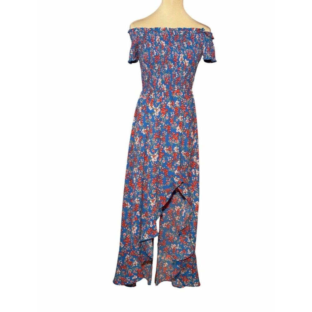 Crystal Doll Blue Floral Off Shoulder High Low Maxi Dress Size Medium